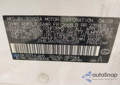 2008 Lexus Es 350 from USA, damaged, VIN JTHBJ46G982237229